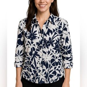 Harve Benard Linen Blend Navy White Floral Button Down M